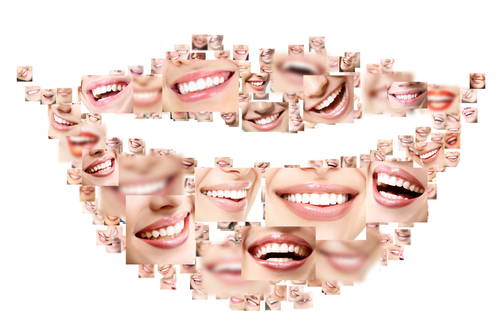Smile collage of perfect smiling faces closeup. Conceptual set of beautiful wide human smiles with great healthy white teeth. Isolated over white background